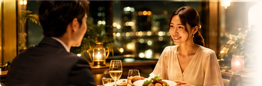 レストランで食事をしながら会話する男女