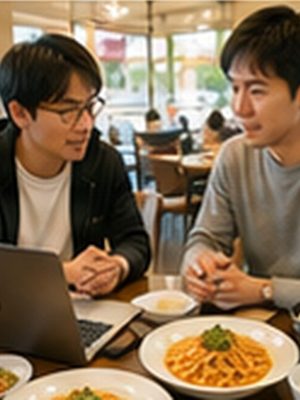 30代のエンジニアが、20代の男性とパスタを食べながらノートPCを脇に置いて話す。