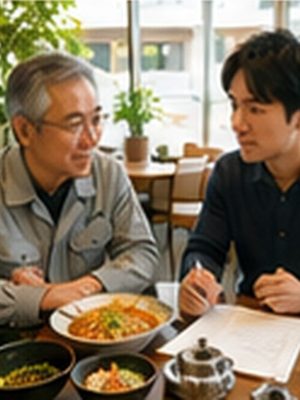 60代の町工場の職人が、30代の男性と定食を食べながら、脇の金属部品を見せて話す。