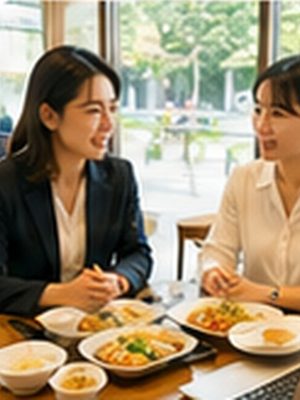40代の女性経営者が、30代の女性会社員とランチを食べながら話す。