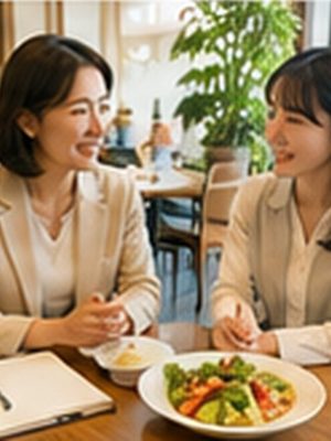 40代の元アナウンサーが、20代の女性とカフェランチを食べながら話す。脇にノート。