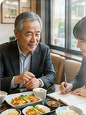 60代の元刑事の男性が、30代の女性とランチを食べながら話し、女性がノートにメモを取る。