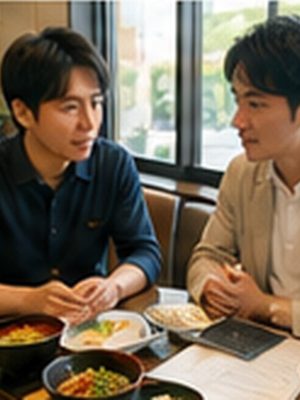 30代の男性2人が、同じ定食を食べながら資料を脇に真剣に話す。