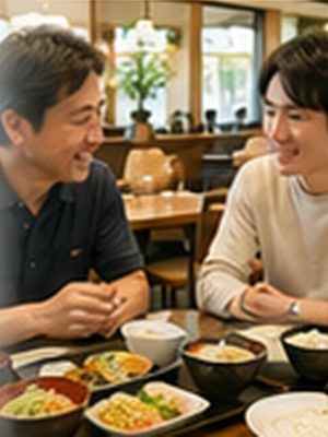 40代の飲食店オーナーが、20代の男性と定食を食べながら話す。脇に開いたノート。