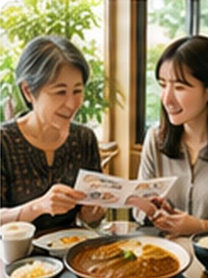 60代の女性が、30代の女性とランチを食べながら古い写真を見せて話す。