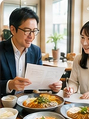40代の男性税理士が、30代の女性とランチを食べながら脇の書類を指して説明する。
